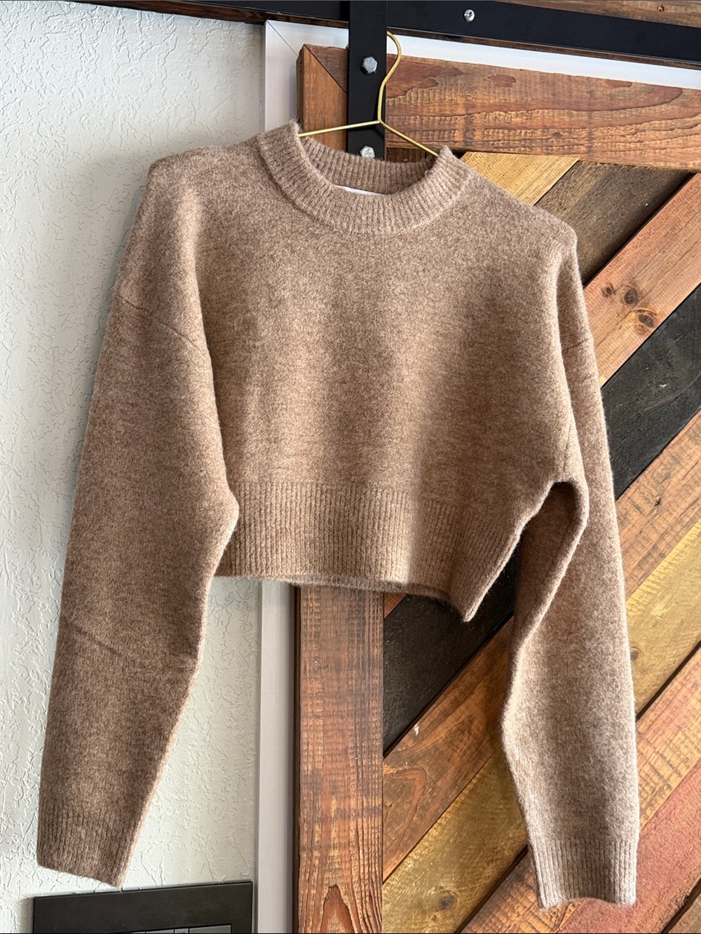 Zara Cropped Crewneck Sweater - Taupe Brown caramel fall soft medium M